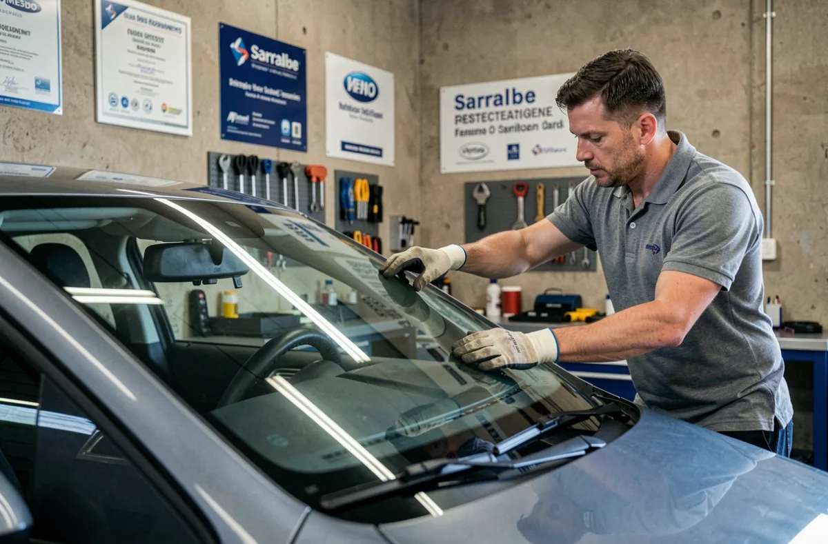 Technicien spécialisé en remplacement de vitres automobiles ajustant un pare-brise chez A+Glass Sarralbe