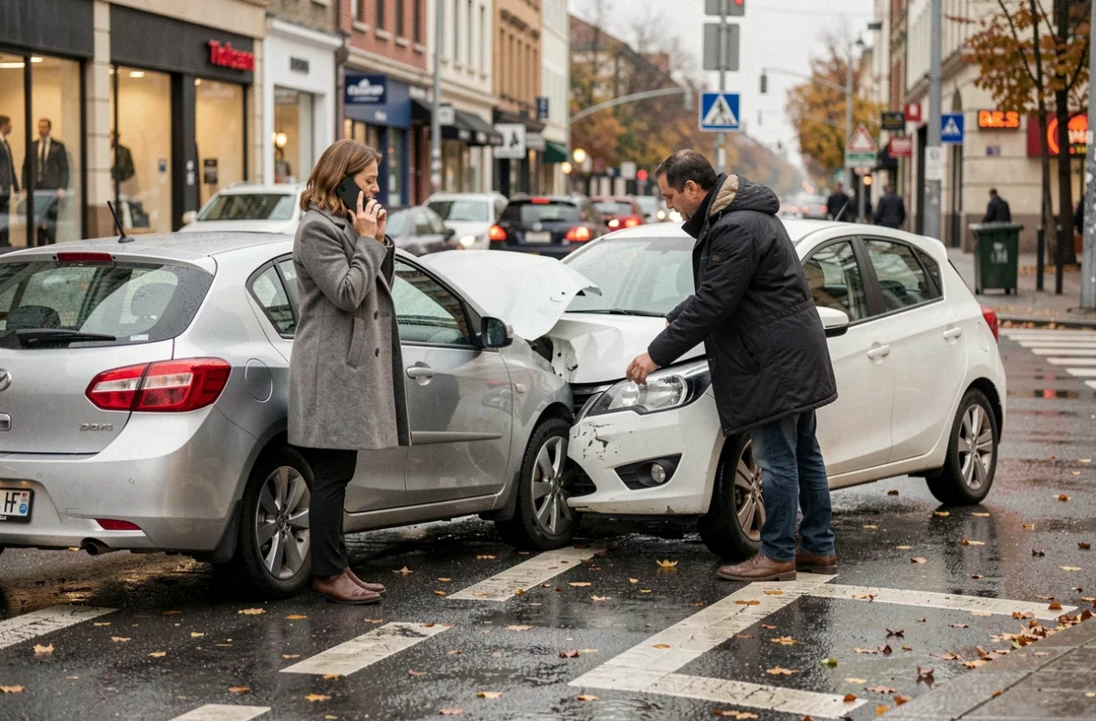 Deux conducteurs constatant un accrochage de voiture en ville, situation couverte par l'assurance responsabilité civile auto