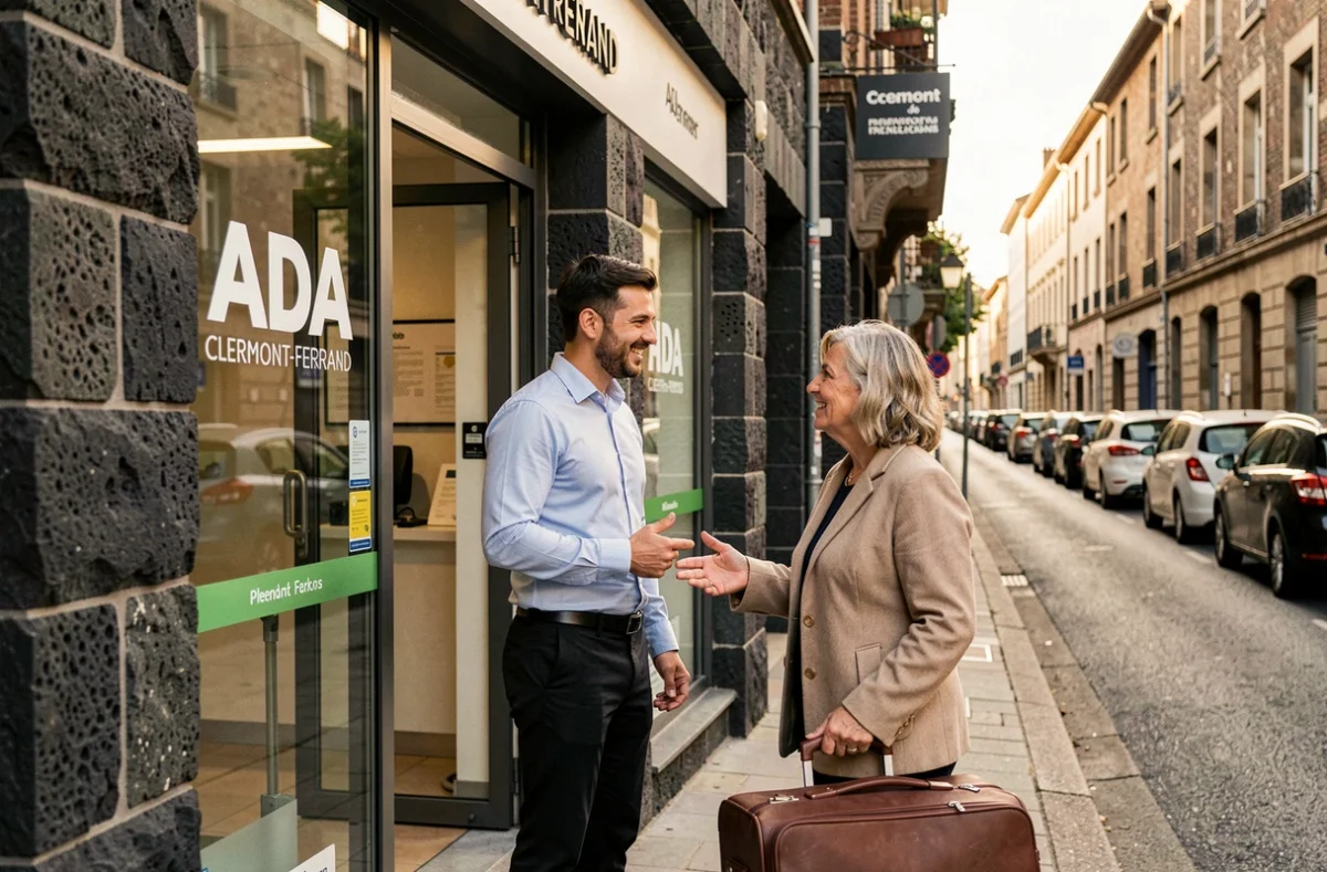 Devanture de l'agence ADA location de voiture à Clermont-Ferrand avec un agent accueillant un client