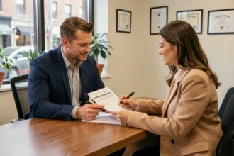 Agent d'assurance expliquant les garanties d'une assurance auto responsabilité civile à une cliente dans un bureau moderne