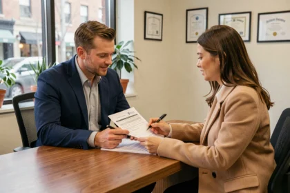 Agent d'assurance expliquant les garanties d'une assurance auto responsabilité civile à une cliente dans un bureau moderne