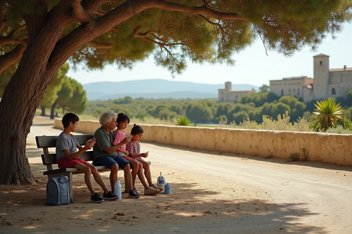 Grand-mère avec petits-enfants se reposant à l'ombre près d'un parking aux Baux-de-Provence