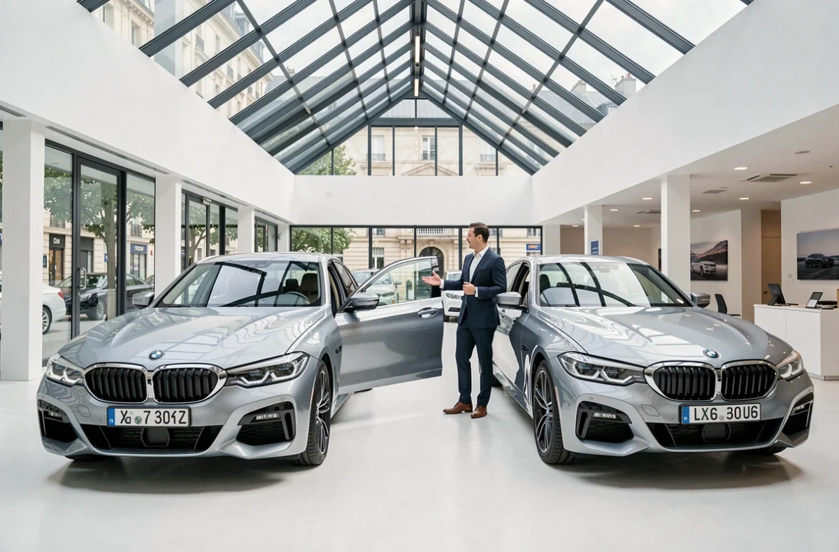 Conseiller commercial devant un modèle BMW exposé dans le showroom premium d'Altitude 69 BMW à Lyon Vaise