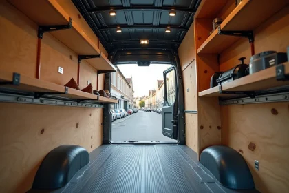 Aménagement intérieur Renault Master avec étagères en bois contreplaqué et rangements d'outils installés dans la zone de chargement