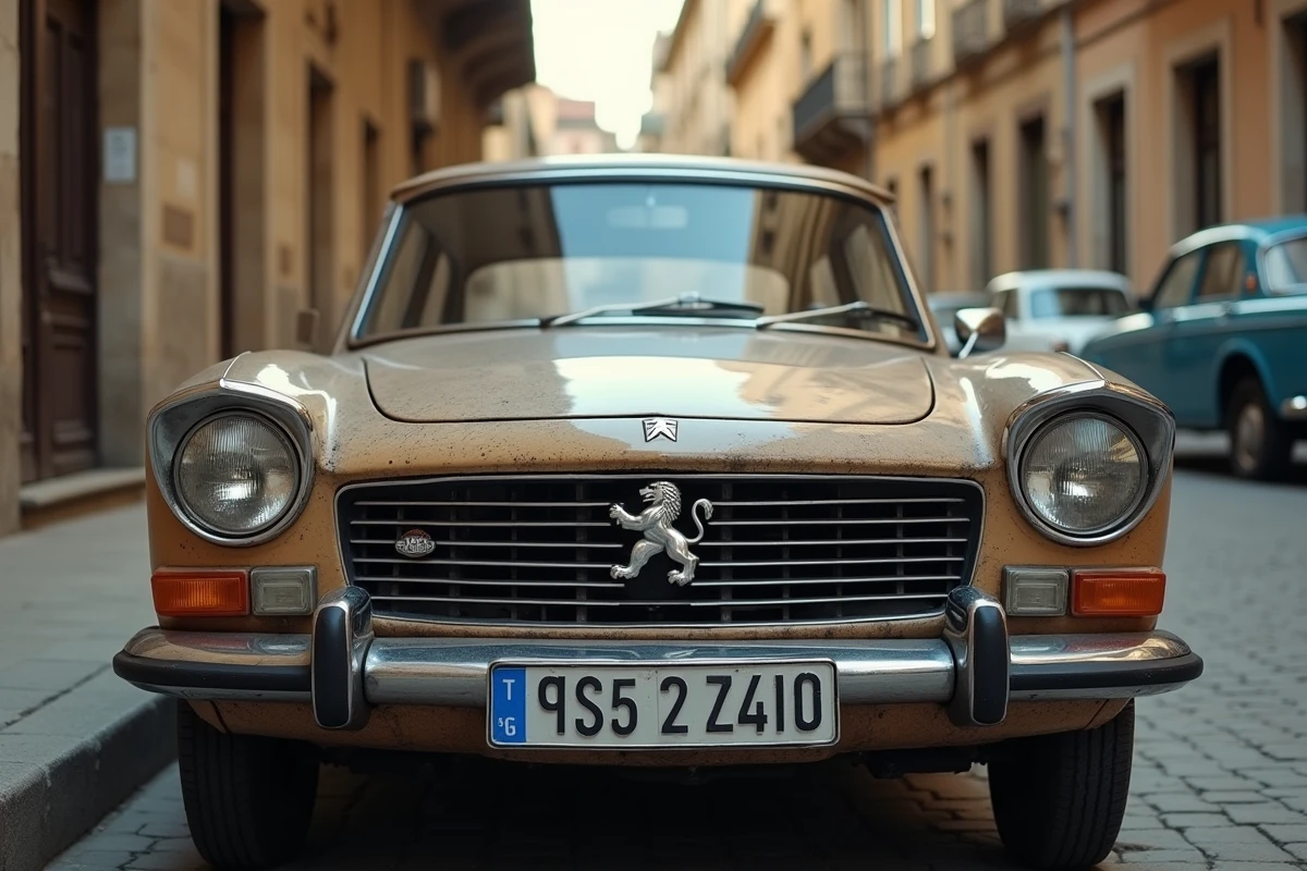 Ancienne calandre Peugeot avec le logo lion classique en relief sur une voiture vintage des années 90