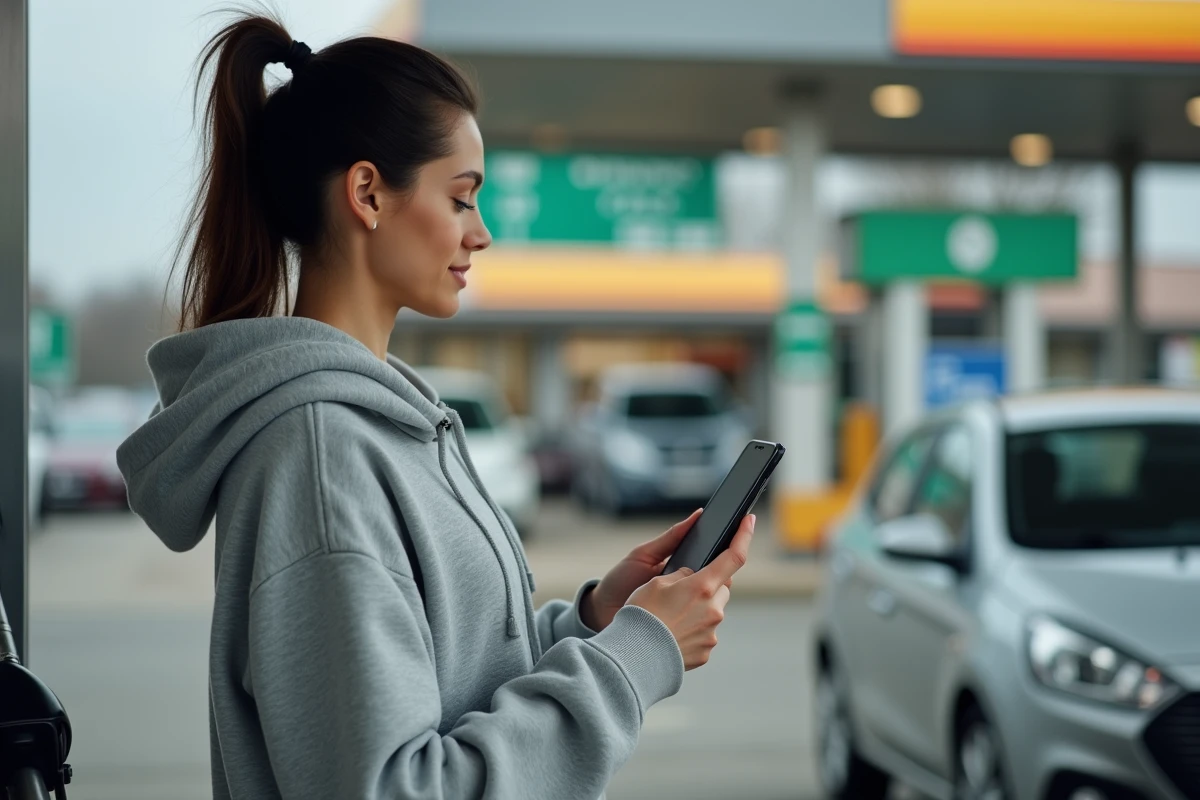 Femme utilisant une application mobile pour comparer les prix de l'essence avant de faire le plein sur autoroute