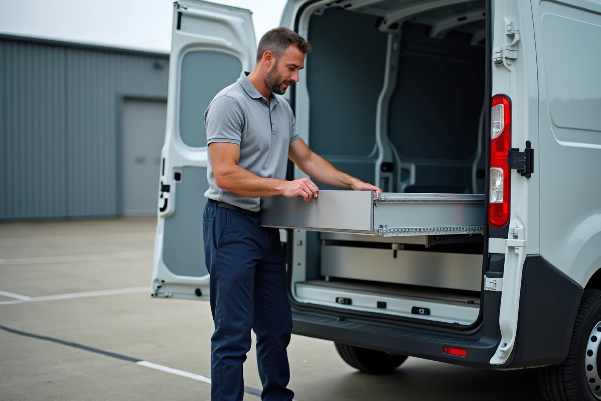 Artisan évaluant un module de tiroirs en aluminium monté dans le plancher d'un Renault Master aménagé