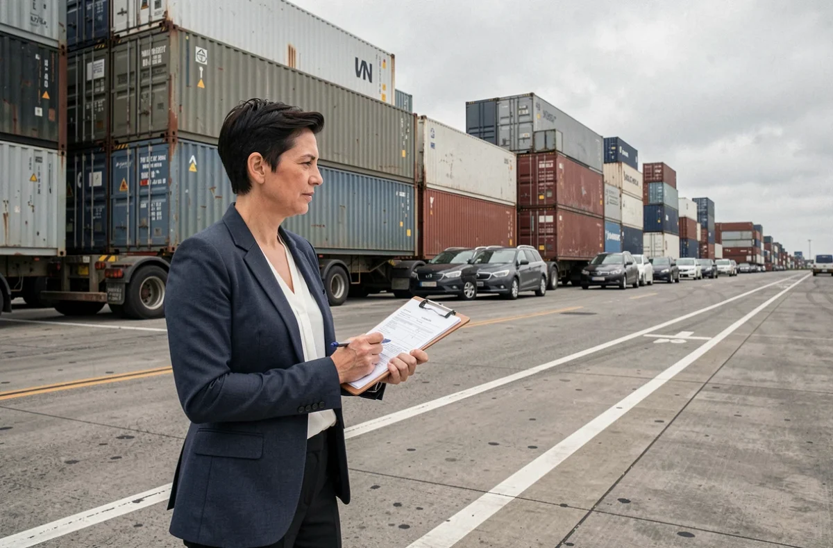 Femme agent d'export avec clipboard dans un terminal portuaire entourée de véhicules et conteneurs d'expédition