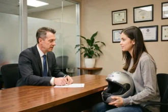 Agent d'assurance expliquant un contrat moto à une jeune femme tenant un casque dans un bureau