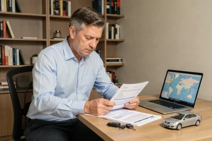 Homme consultant des documents d'assurance voiture pour export sur un bureau en bois avec clés de voiture