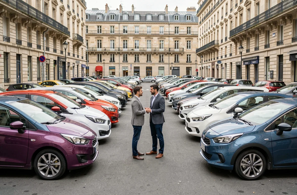 Stock de véhicules multimarques d'Auto Parck exposé dans un parking en centre-ville de Lyon