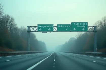 Autoroute française vide à l'aube avec panneaux de signalisation et marquages au sol, illustrant le réseau routier gratuit en 2026