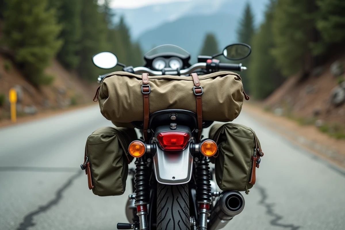 Détail des bagages fixés sur une Suzuki GT750 prête pour un long voyage moto vintage en montagne