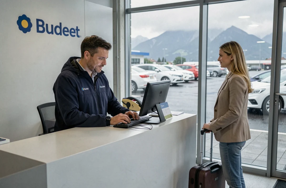 Comptoir de l'agence Budget à Annecy avec un agent traitant une réservation de location de voiture pour un client