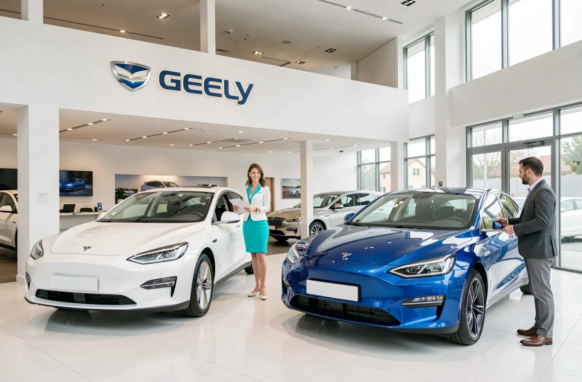 Nouveau showroom Geely ouvert par Bymycar en Rhône-Alpes avec véhicules électriques exposés et ambassadrice de marque