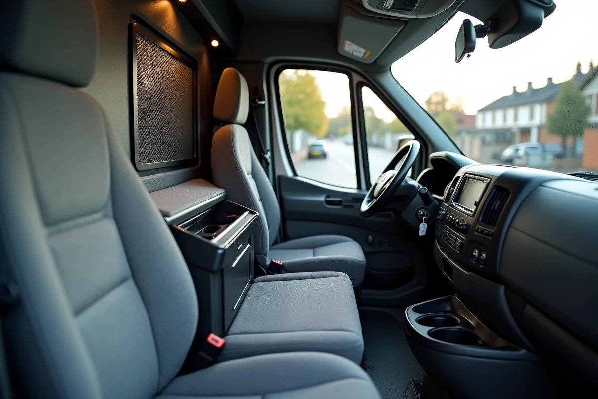 Vue intérieure cabine Renault Master avec cloison de séparation en acier et console de rangement aménagée côté passager