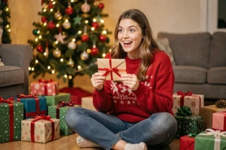 Jeune femme recevant une enveloppe cadeau permis de conduire au pied du sapin de Noël