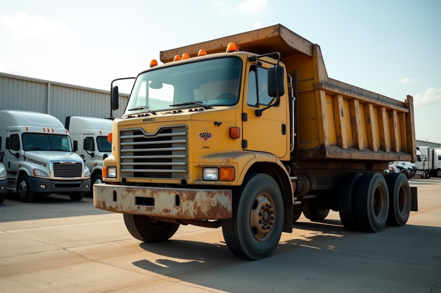 Camion benne d'occasion dans un lot industriel en plein jour