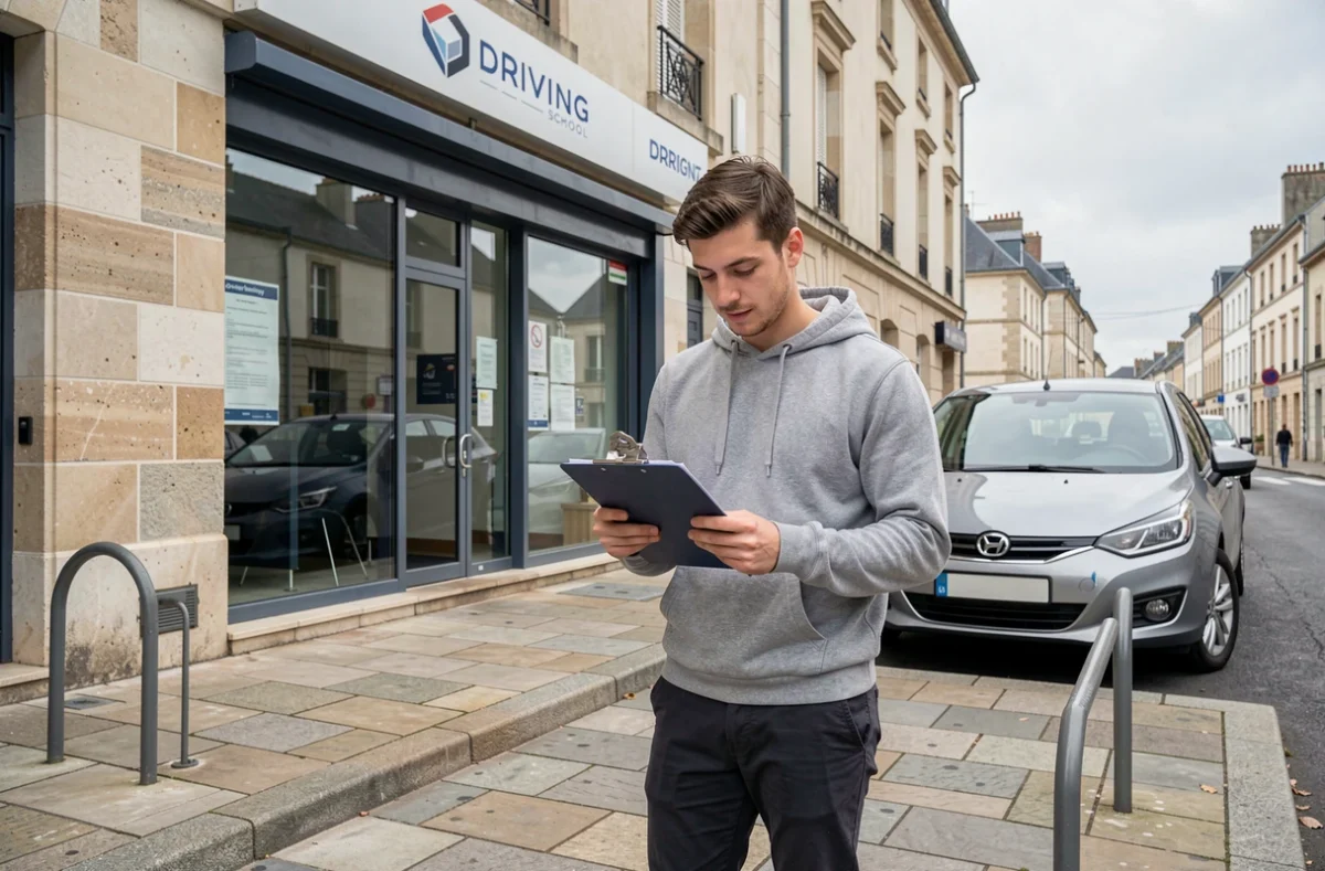 Candidat au permis de conduire devant l'agence KERYADO Conduite dans le centre de Lorient