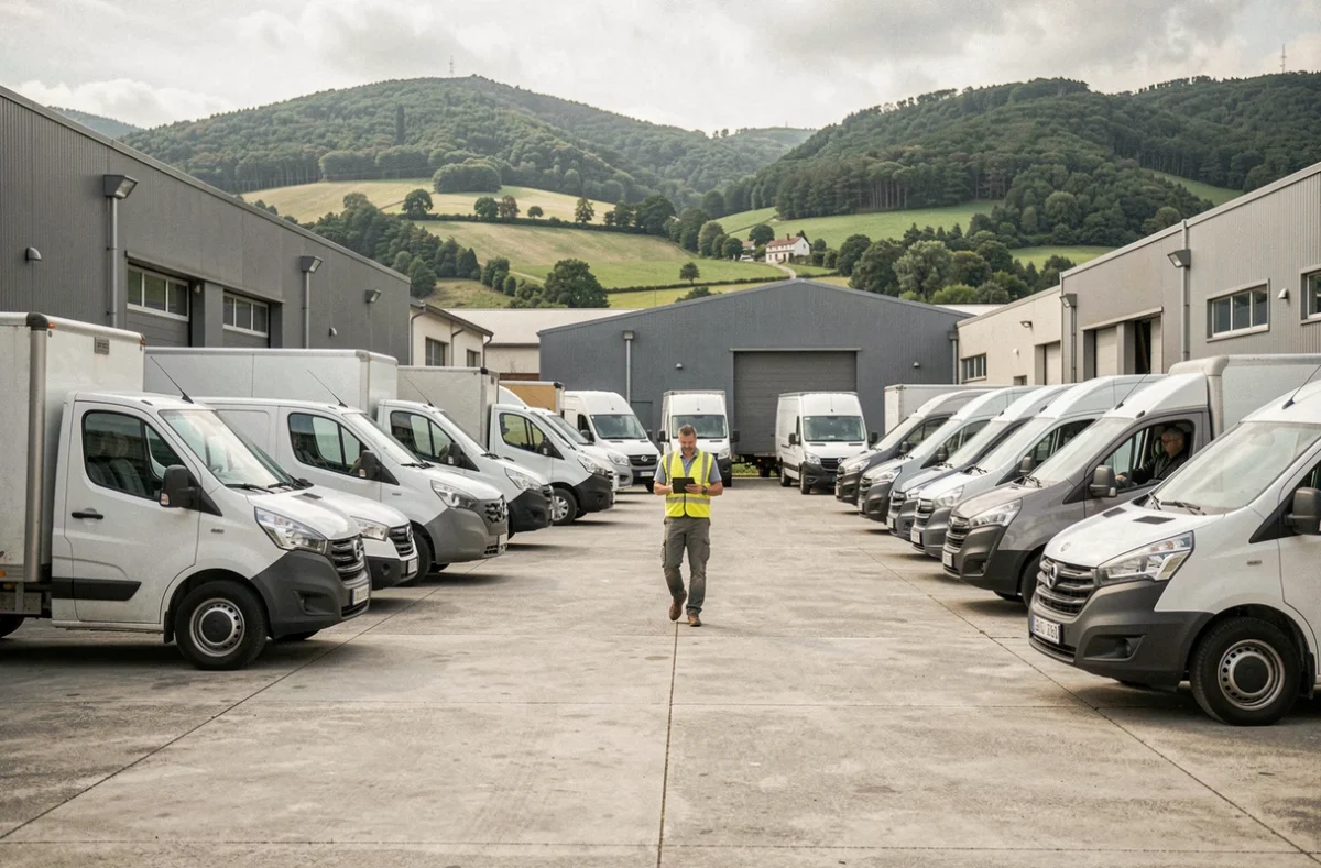 Parc de véhicules utilitaires de CarGo Location à Goncelin en Isère avec un employé inspectant la flotte