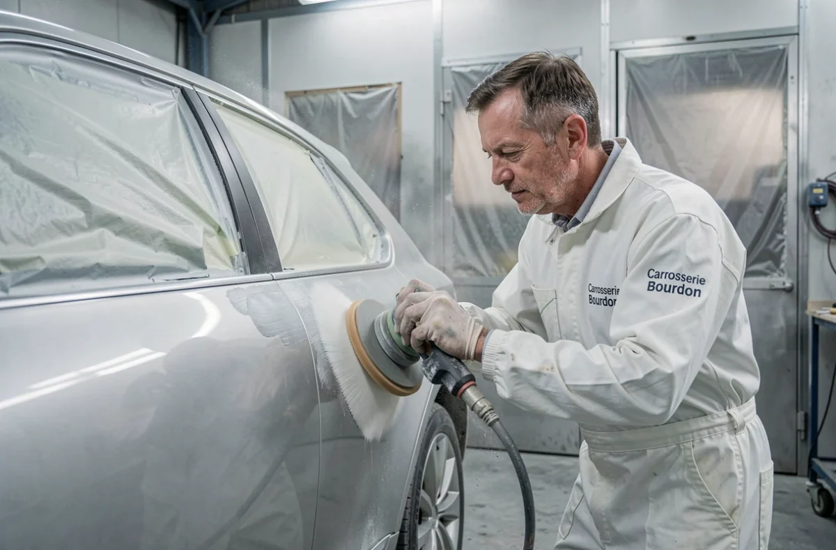 Carrossier de Carrosserie Bourdon ponçant un panneau de portière réparé dans un atelier de carrosserie professionnel