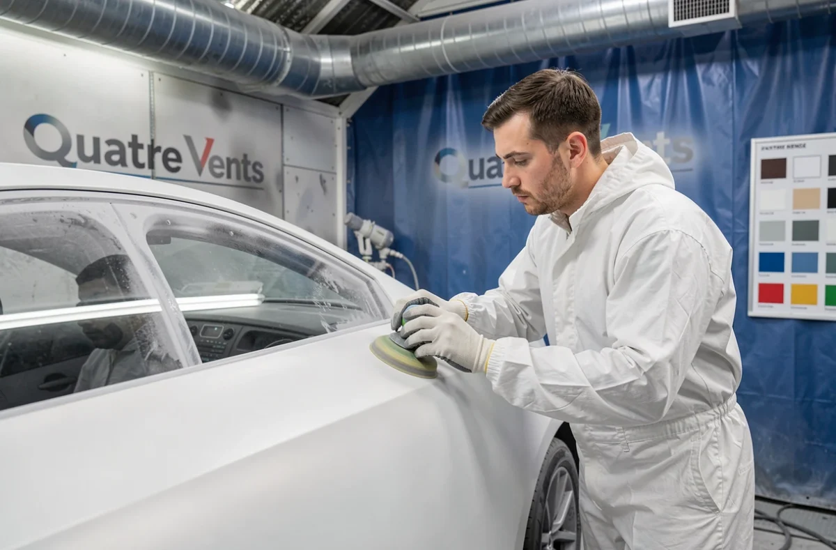 Carrossier de la Carrosserie des Quatre Vents en Haute-Vienne ponçant à l'eau un panneau apprêté dans une cabine de peinture professionnelle