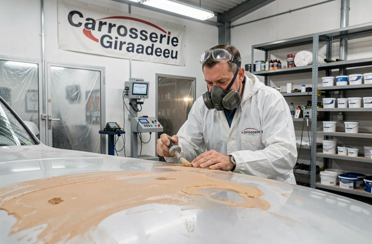 Carrossier spécialisé de la Carrosserie Giraudeau en Haute-Vienne appliquant du mastic sur un panneau de carrosserie endommagé