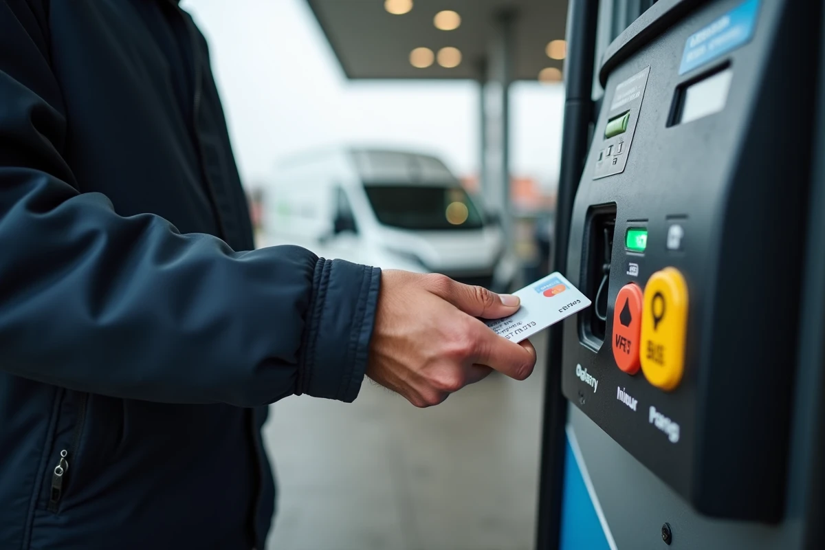 Professionnel utilisant une carte carburant dédiée à une pompe de station autoroutière