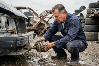 Mécanicien inspectant une pièce détachée dans une casse automobile à Bordeaux, entouré de véhicules hors d'usage