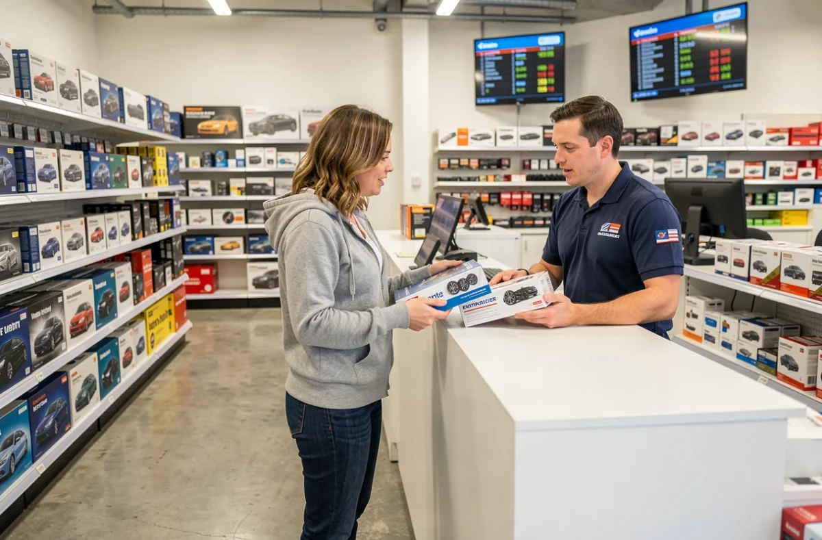 Cliente comparant des pièces automobiles dans un centre auto classique, aidée par un conseiller de vente en magasin