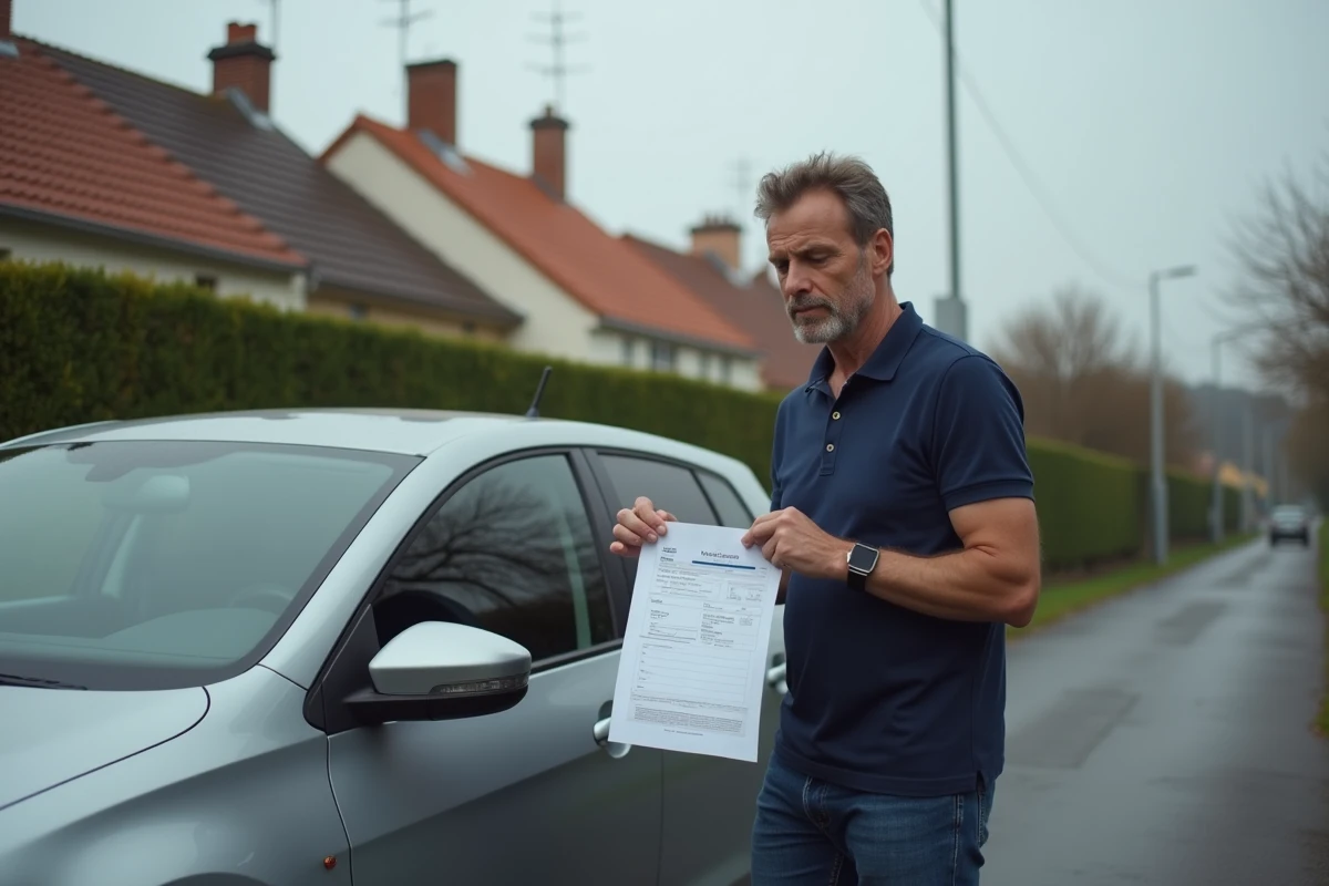 Homme tenant un certificat d'immatriculation devant sa voiture dans une allée résidentielle