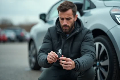 Homme changeant la pile de la télécommande de clé Renault Clio 4 dans un parking