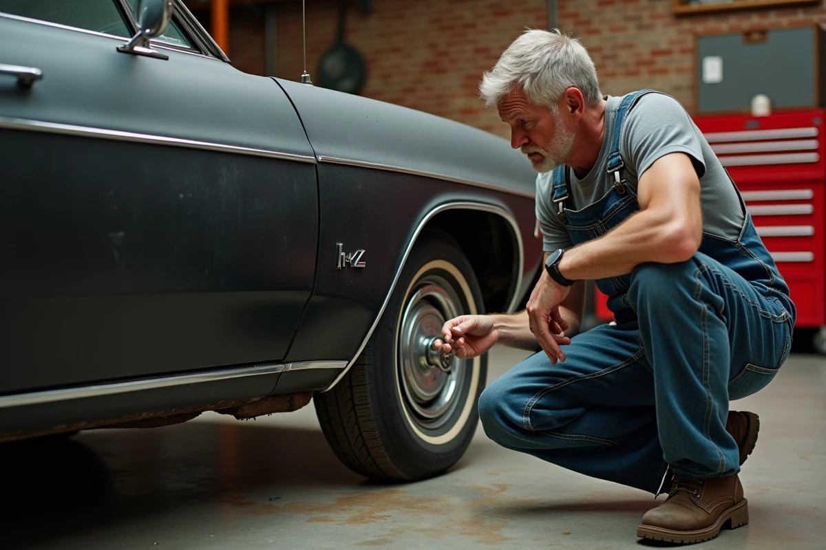 Mécanicien inspectant une Chevrolet Impala 1967 4 portes noire d'occasion dans un garage vintage