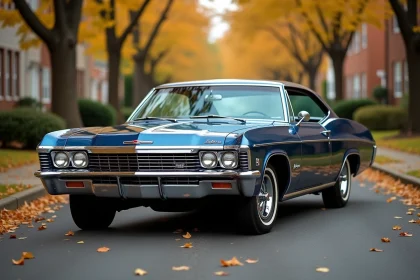 Chevrolet Impala 1967 4 portes bleu métallisé d'occasion garée dans une rue arborée en automne