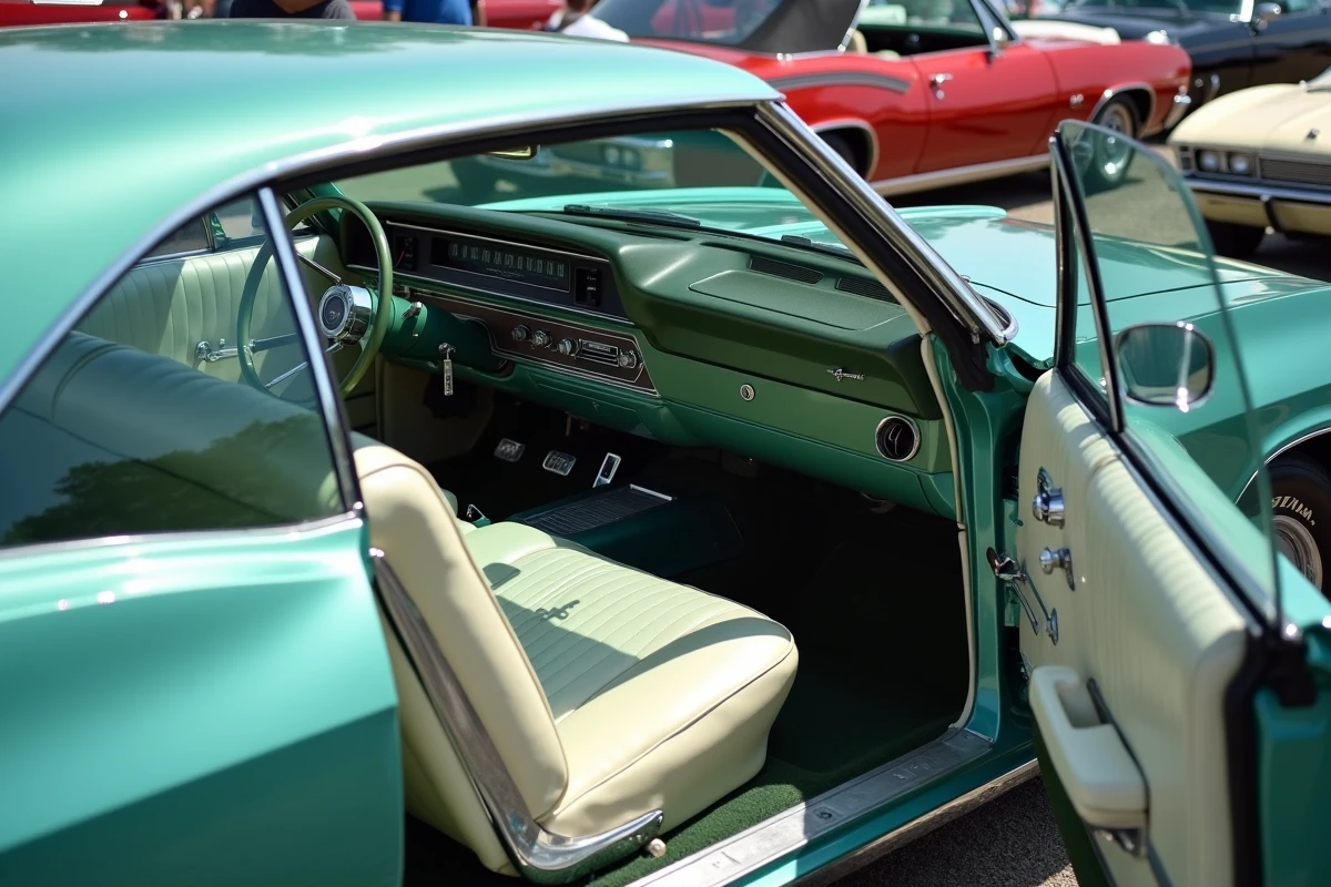 Intérieur et carrosserie d'une Chevrolet Impala 1967 4 portes restaurée lors d'un rassemblement de voitures classiques