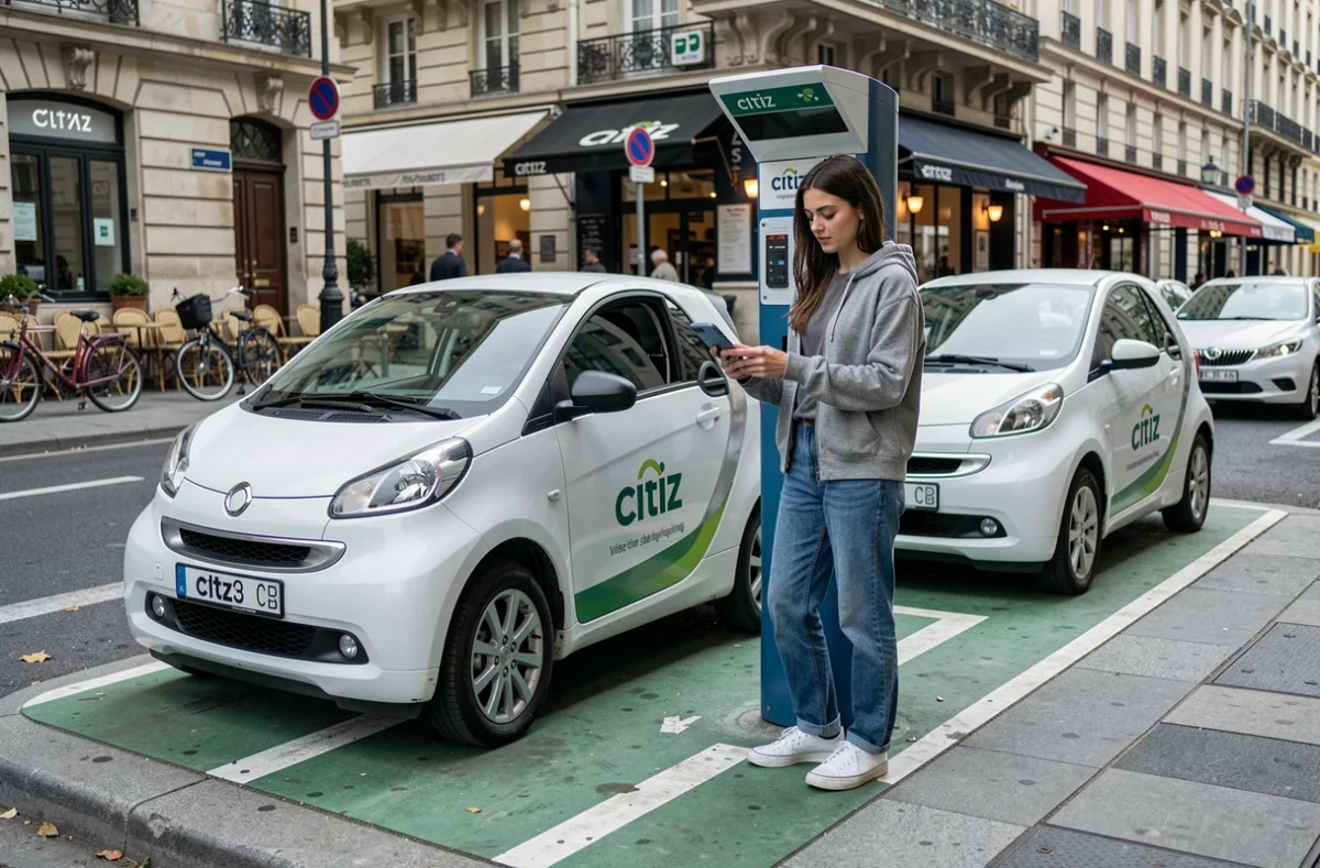 Station Citiz AURA d'autopartage en libre-service dans une rue d'une ville d'Auvergne-Rhône-Alpes avec une utilisatrice déverrouillant un véhicule partagé