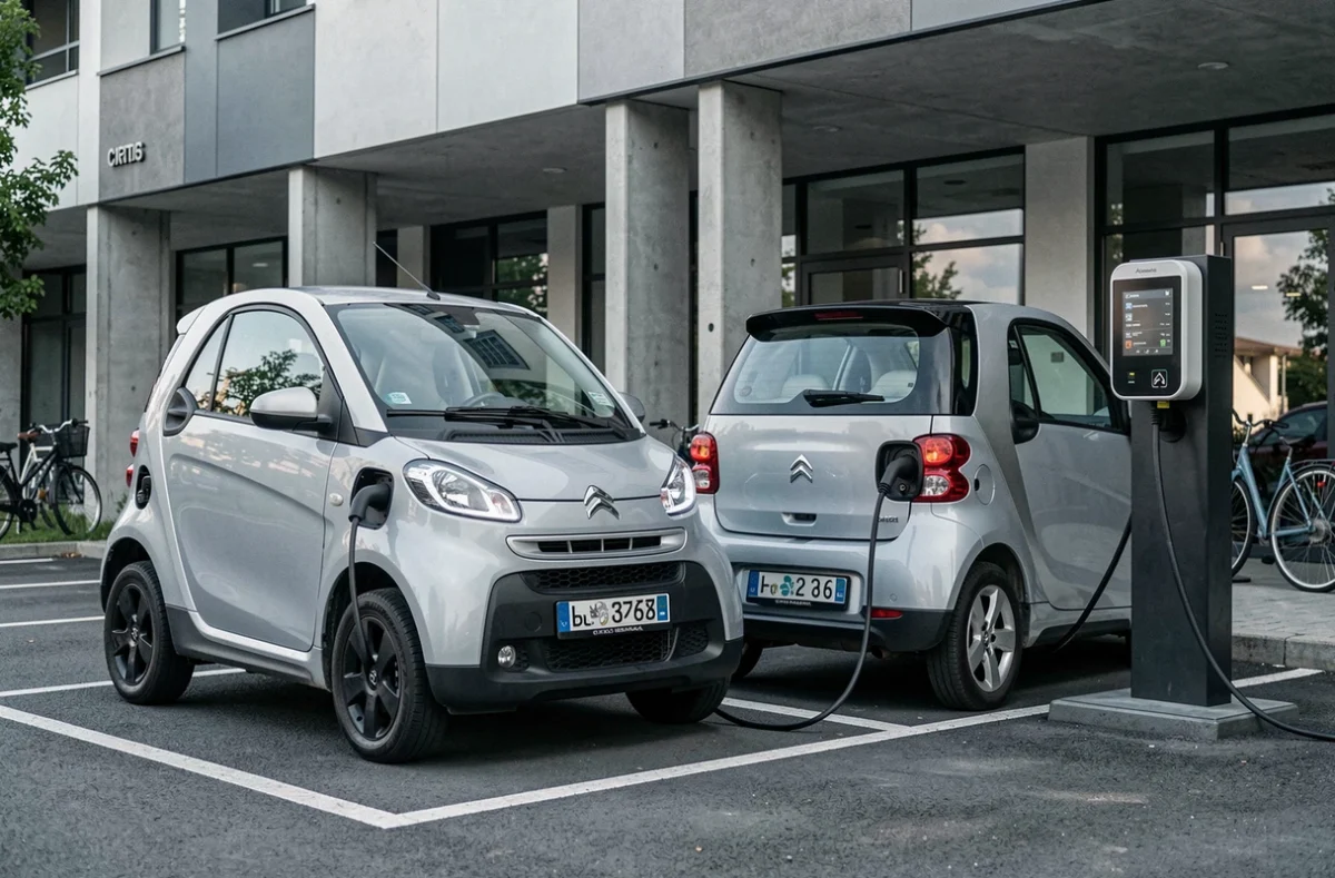 Deux Citroën Ami branchées à une borne de recharge électrique publique dans un parking urbain moderne