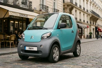 Citroën Ami garée dans une rue pavée parisienne, vue de trois quarts avant, carrosserie bicolore turquoise et grise