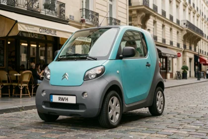 Citroën Ami garée dans une rue pavée parisienne, vue de trois quarts avant, carrosserie bicolore turquoise et grise