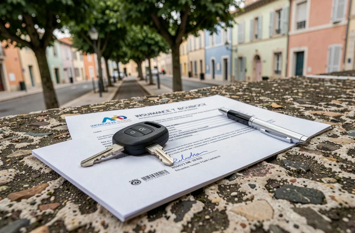 Clé de voiture et livret d'assurance auto posés sur une surface en pierre dans une rue de Toulon