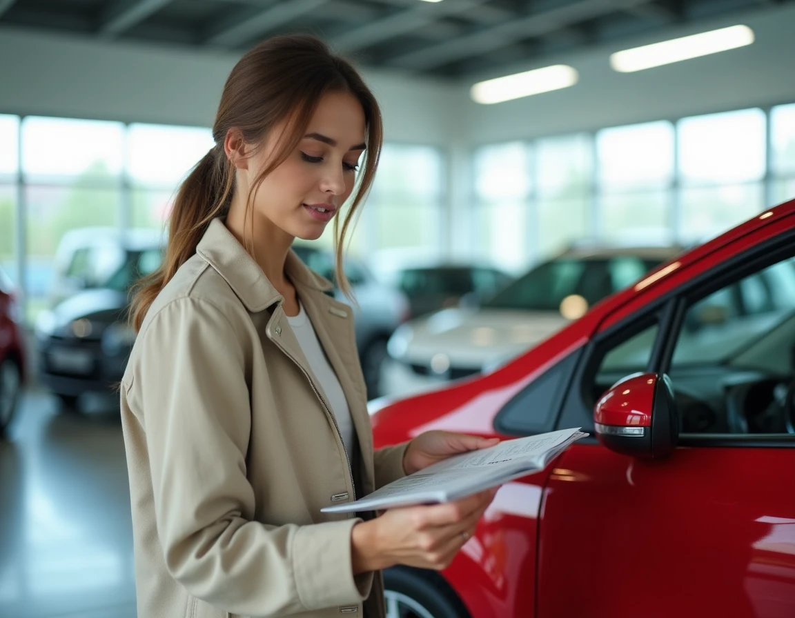 Cliente en concession étudiant le prix d'une voiture hybride compacte avec brochure tarifaire