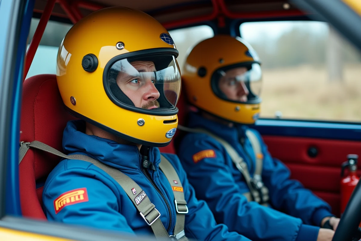 Pilote et copilote en combinaisons aux couleurs Subaru dans l'habitacle d'une Impreza WRC, cage de sécurité et tableau de bord analogique vintage visibles