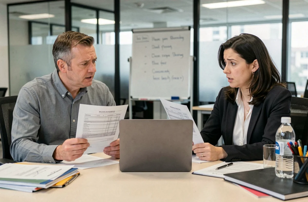 Deux collègues analysant et comparant des devis d'assurance voiture dans un bureau professionnel
