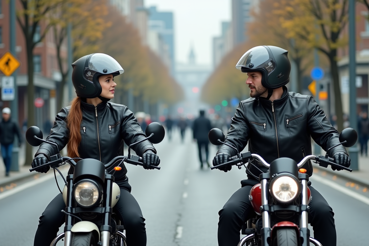Homme et femme motards utilisant des signaux en ville