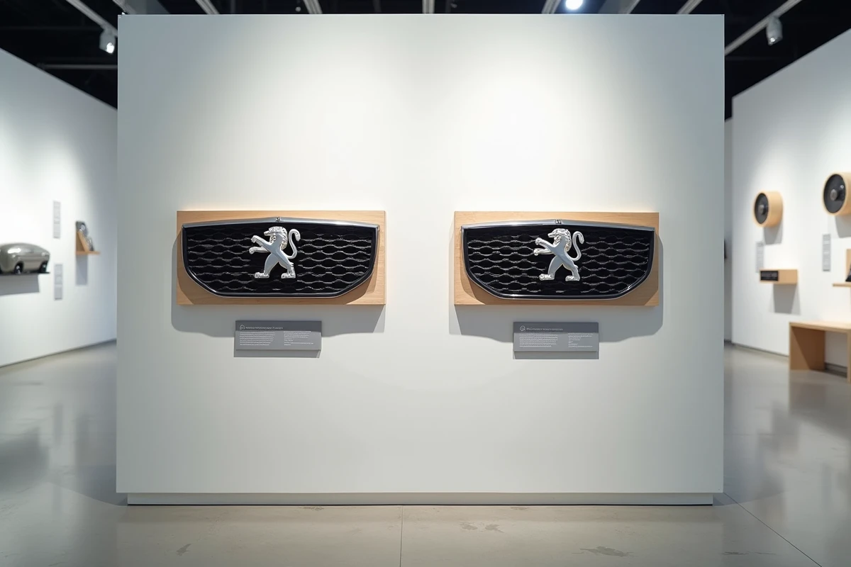 Comparaison côte à côte de l'ancien et du nouveau logo Peugeot sur des calandres exposées dans un musée automobile