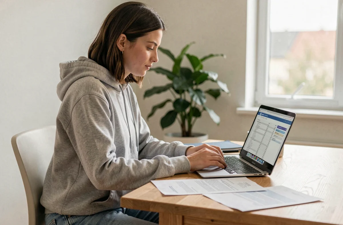Jeune femme comparant des offres d'assurance moto 125 sur ordinateur portable à son bureau