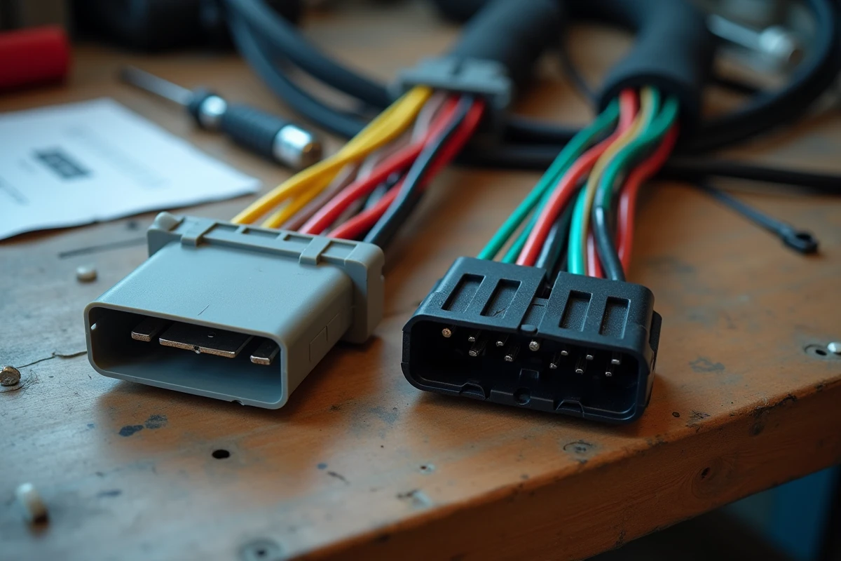 Comparaison entre un connecteur ISO universel et un faisceau câblage d'origine constructeur pour autoradio sur un établi