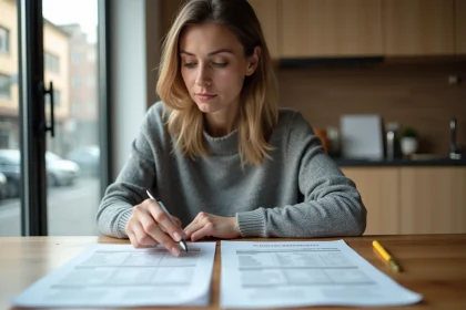 Femme comparant des documents d'assurance auto Qlara à la maison, formule de base versus options