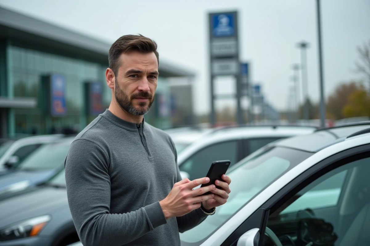 Homme comparant les garanties et mensualités d'un leasing voiture à 59 euros sur smartphone dans un parking de concession