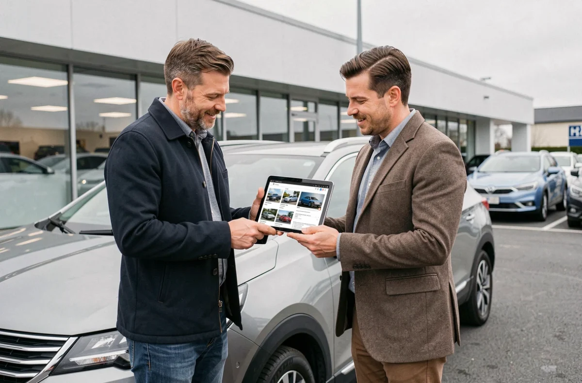 Deux hommes comparant des sites d'actualité automobile sur tablette devant un concessionnaire
